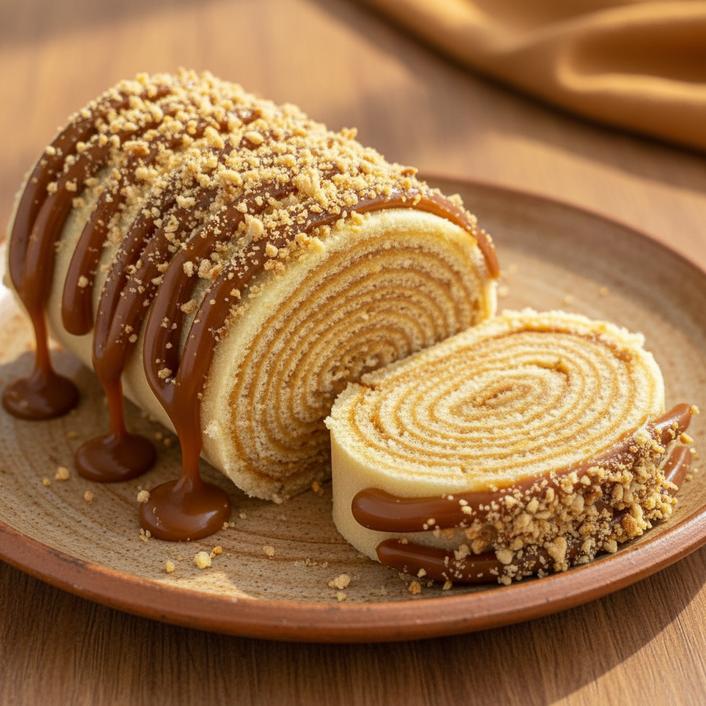 Bolo de rolo de doce de leite com farofa de amendoim, fatia cortada