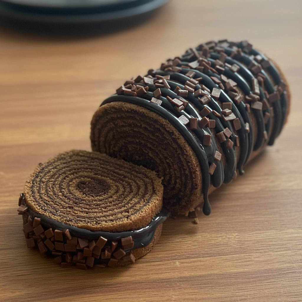 Bolo de rolo de chocolate com granulado, fatia cortada mostrando as camadas