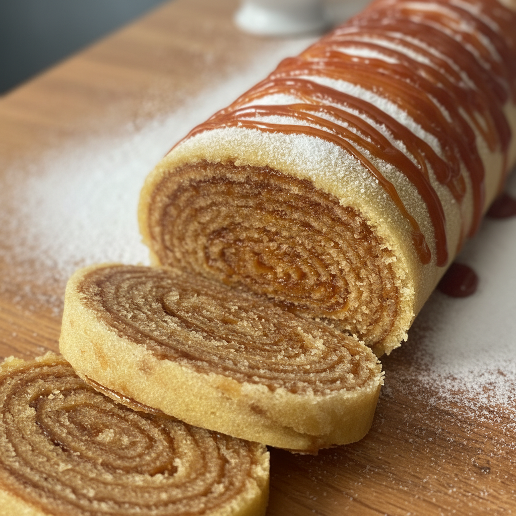 Bolo de rolo tradicional de goiabada com fatia cortada mostrando as camadas